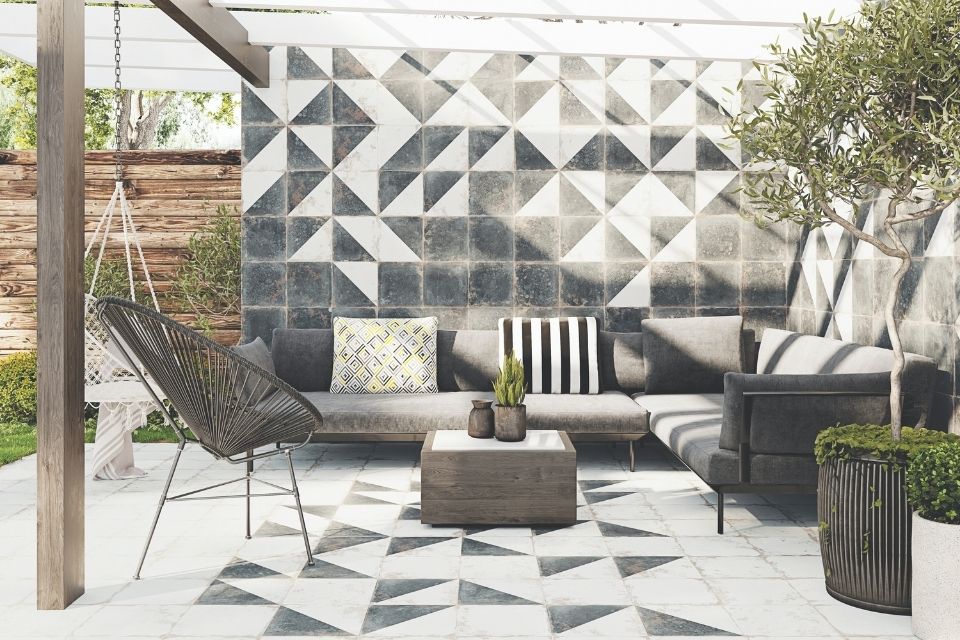 Black and white geometric outdoor tile in outdoor living space 