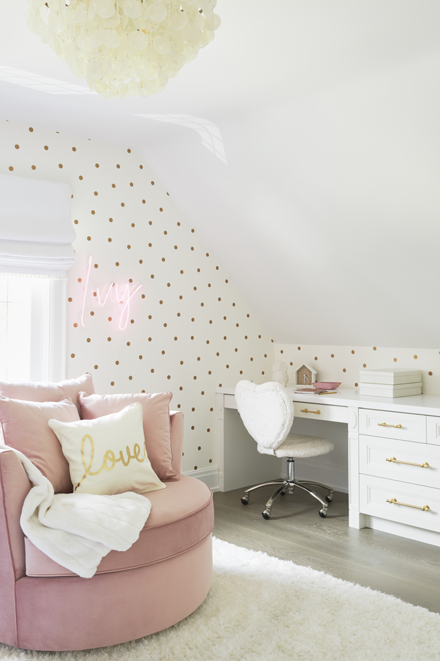 polka dot wallpaper in child's bedroom  Interior Design by Sara Bederman