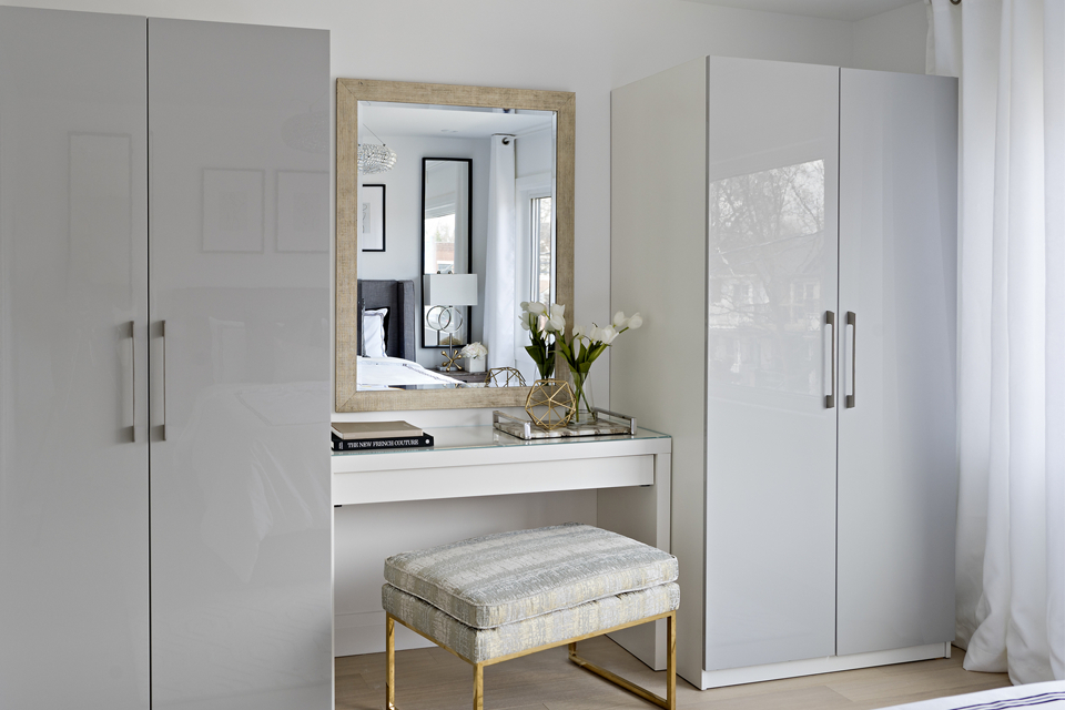 Closets in multifunctional bedroom with vanity and mirror in between for full use of the space 