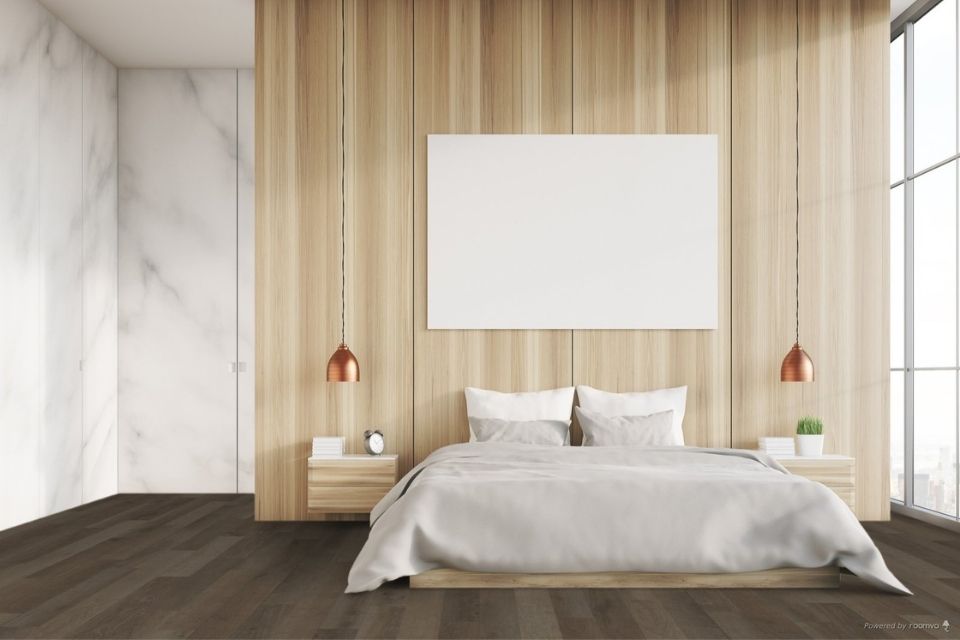 Affordable dark wood look luxury vinyl flooring in bedroom 