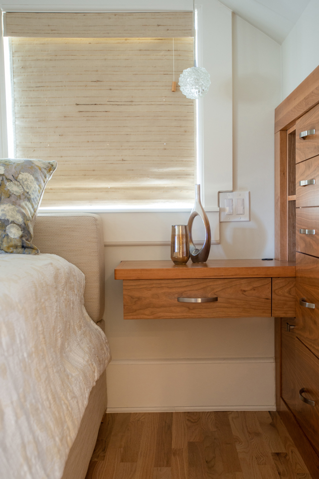 Close up of floating nightstand in farmhouse home