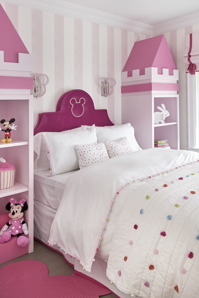 children's pink bedroom with castle bed  Interior Design by Sara Bederman