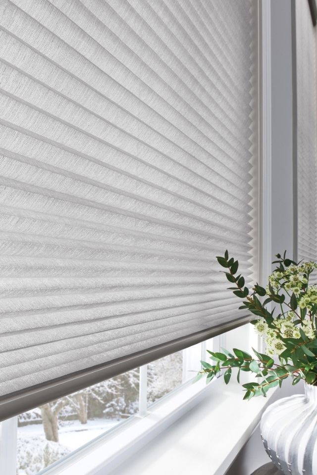 Graber cellular shades in light color on window in the winter