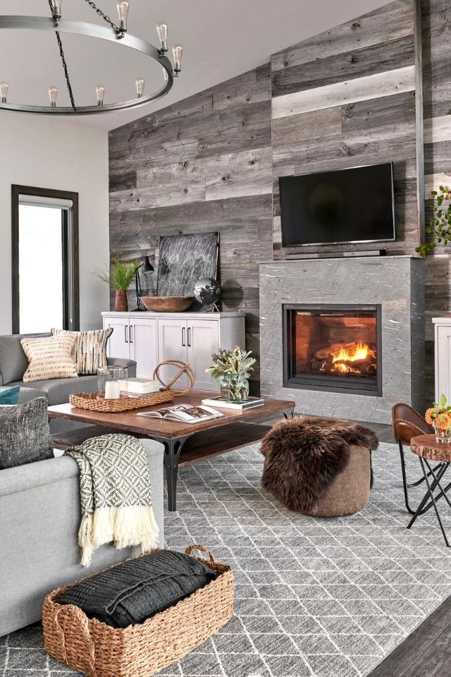 Country Floors with Wood Plank Wall and Fireplace 