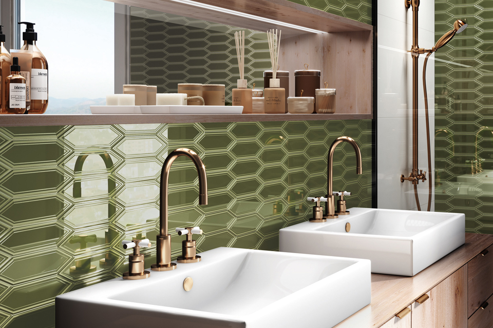 Dark green backsplash tile by Soci in bathroom with double sinks