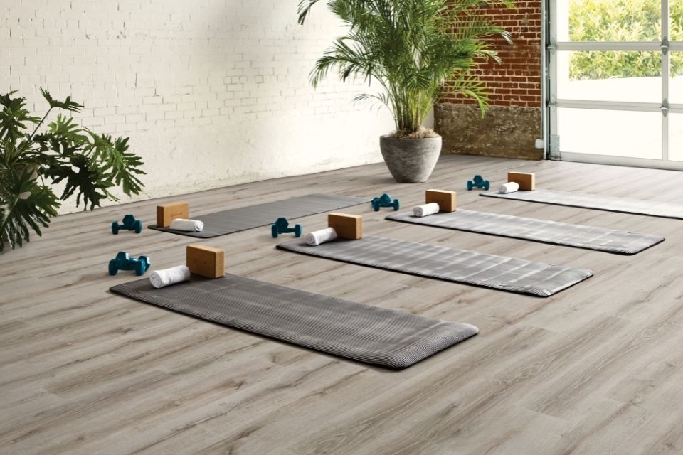 Commercial vinyl flooring in a yoga studio or fitness space 