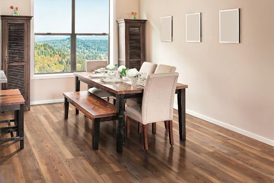 Jackson Hill plank vinyl by Invincible H2O in dining room scene