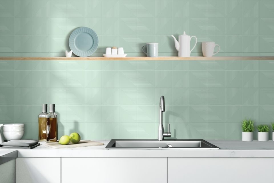 Mint green backsplash tile in kitchen by daltile 