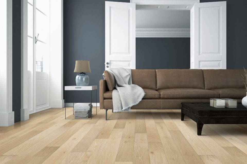 Waterproof hardwood floors in living room by Hydrotek