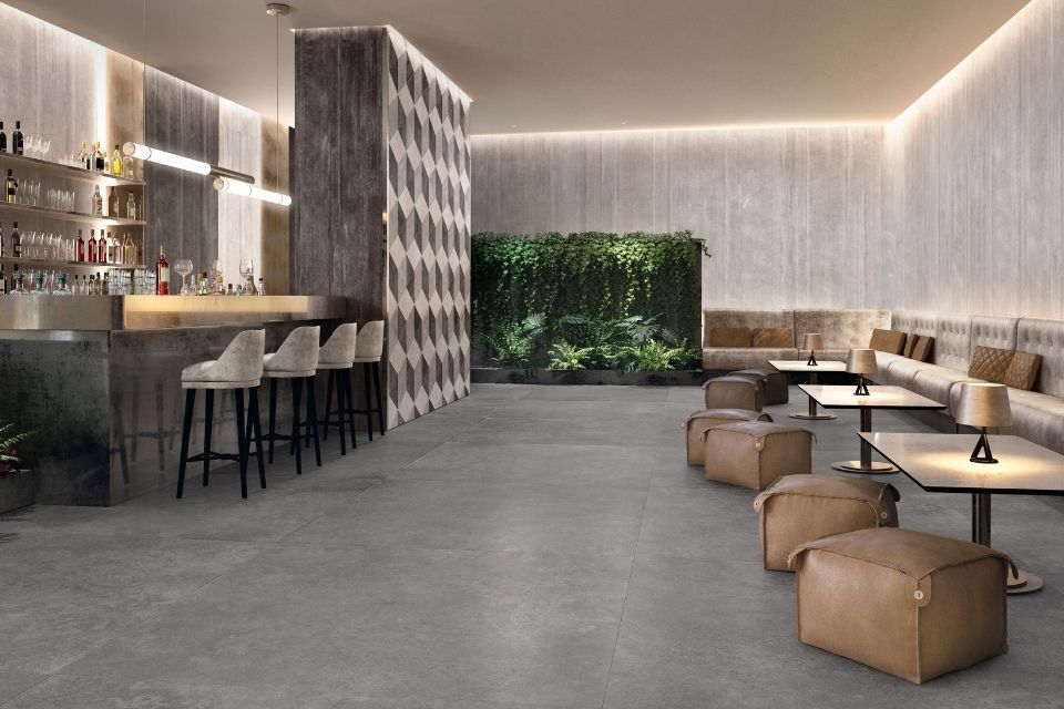 Commercial wall tile in a commercial space with tables and chairs 