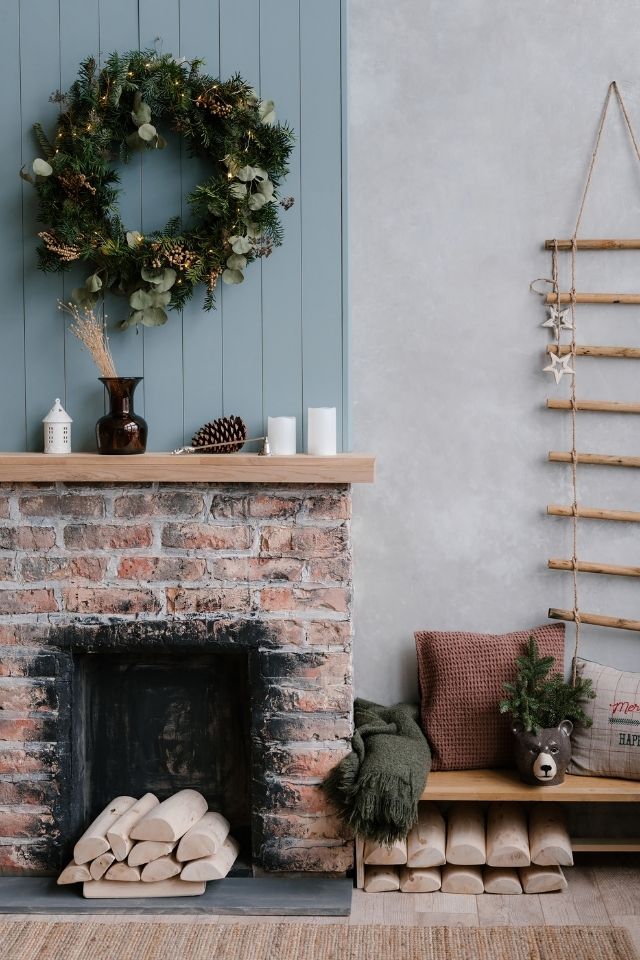 Mantel fireplace with holiday decor 