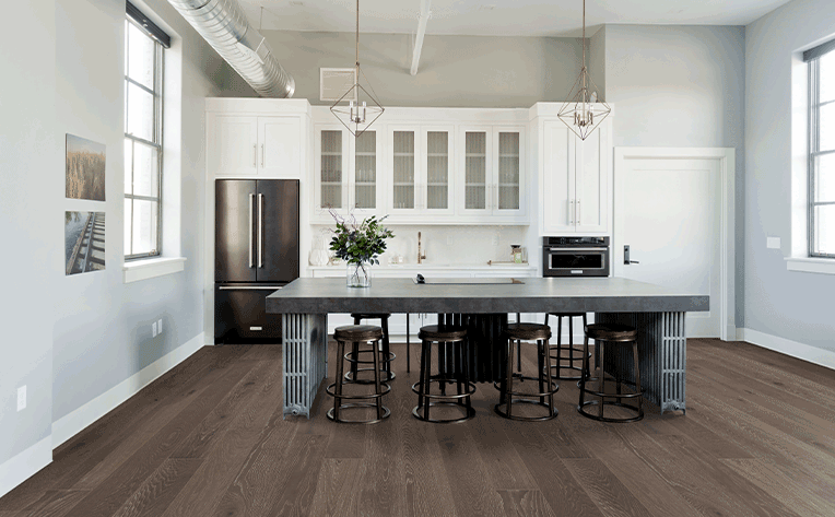 dark hardwood flooring in kitchen